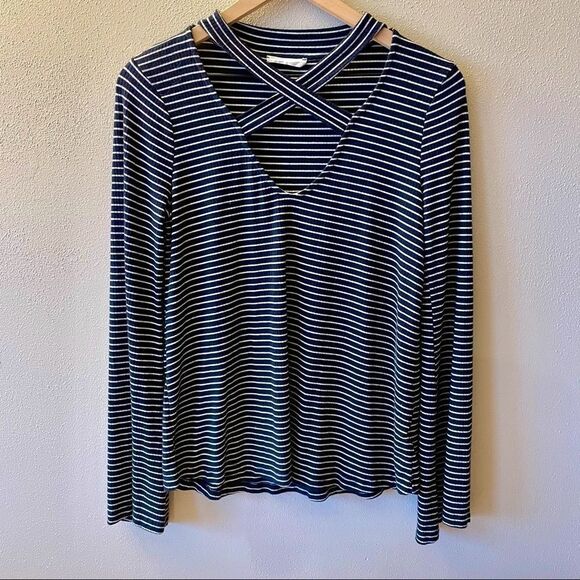 Lush Blue & White Striped Strappy V-Neck Flowy Shirt - Picture 1 of 8
